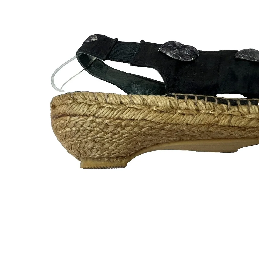 Eric Michael Paseart Espadrille Wedge Sandal Black Satiny Sling Back‎ SZ 10.5